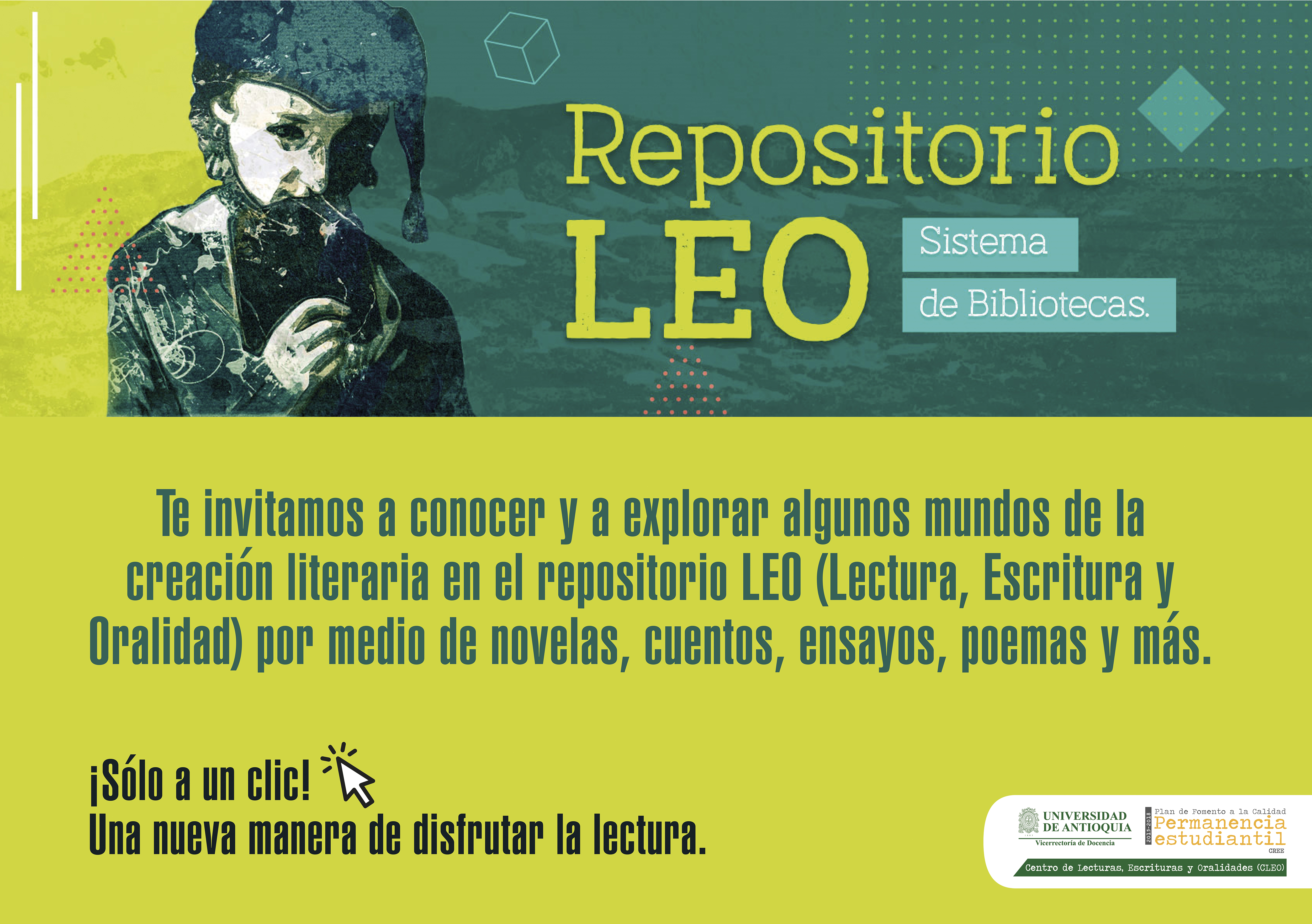 ilustración de hombre en tonos verdes y amarillos, con detalle invitación al repositorio LEO.