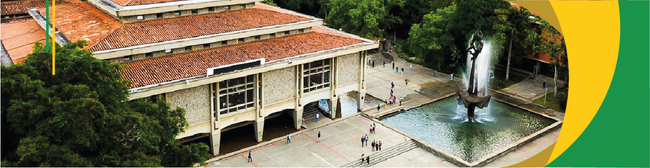 Fotografía con perspectiva desde arriba donde se observa la biblioteca y fuente de la Universidad de Antioquia