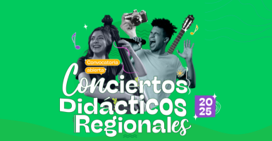 Sobre un fondo verde, un par de músicos graficados con algunos instrumentos