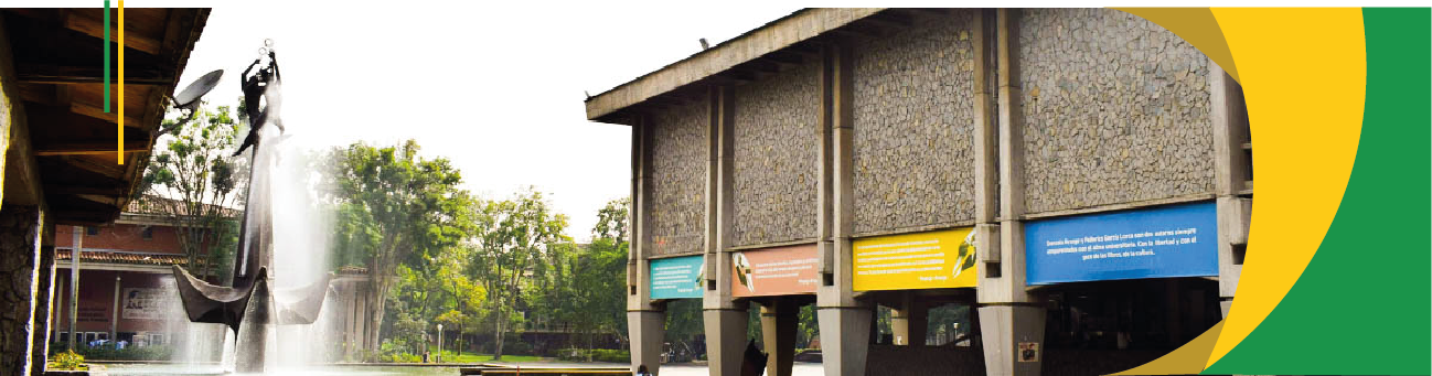 Fotografía horizontal de la fuente y la biblioteca de la Universidad de Antioquia