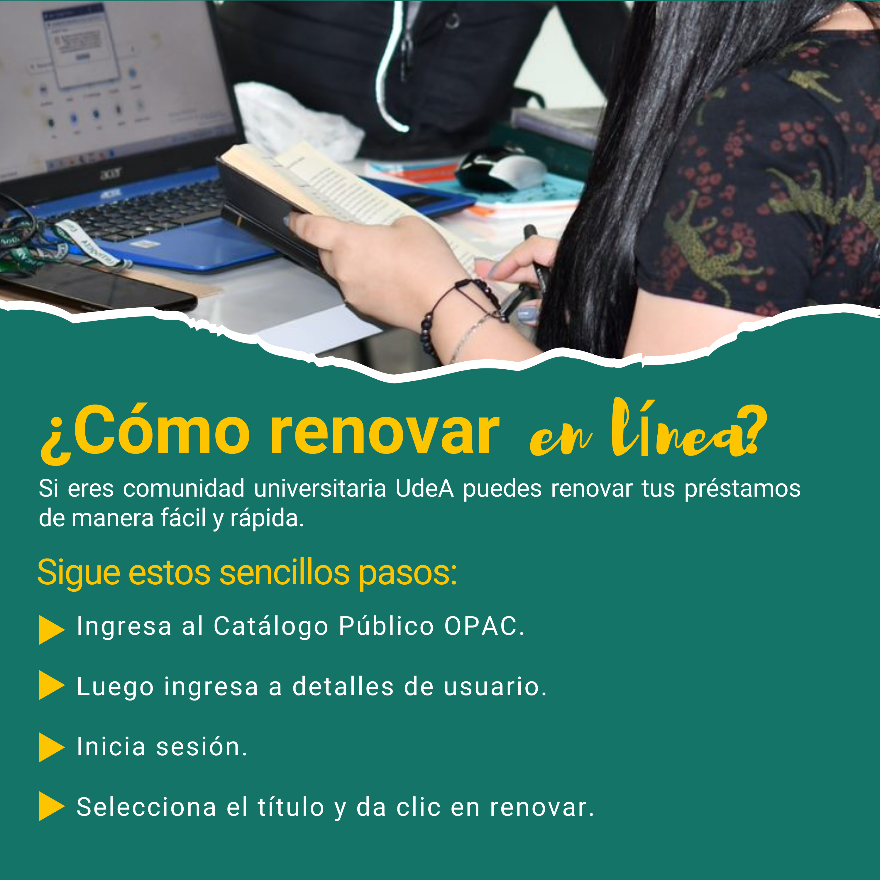 ¿Cómo renovar en línea? foto de usuaria con libro en y un computador