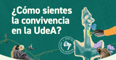Esta es una imagen con ilustraciones de la fuente de la UdeA, un títi y una persona leyendo un libro junto a la pregunta cómo sientes la convivencia en la UdeA