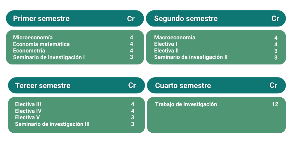 Plan de estudios de posgrado en Economía: incluye cursos en microeconomía, macroeconomía, econometría, seminarios de investigación y electivas, culminando en un trabajo de investigación.