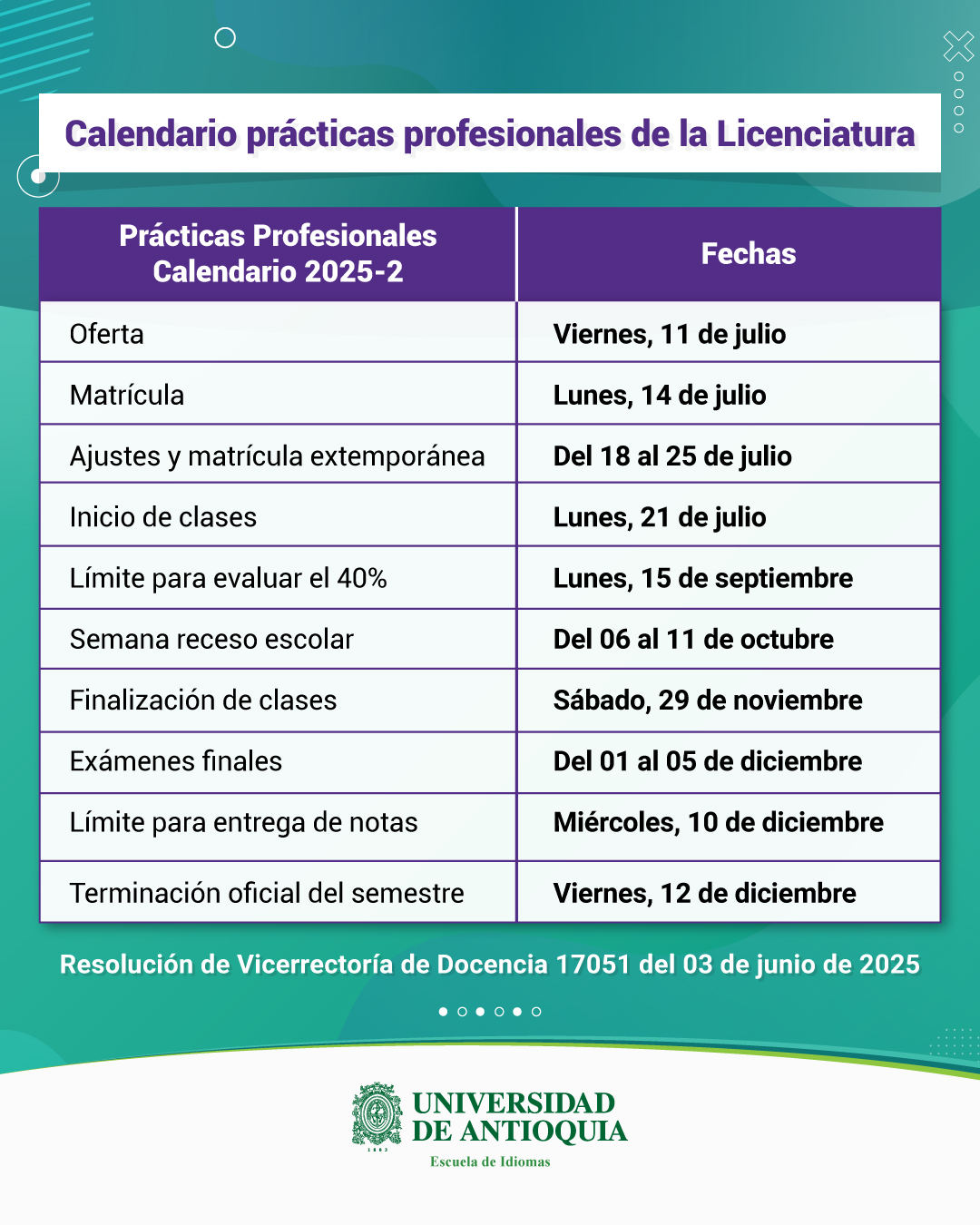 Calendario de prácticas de Licenciatura