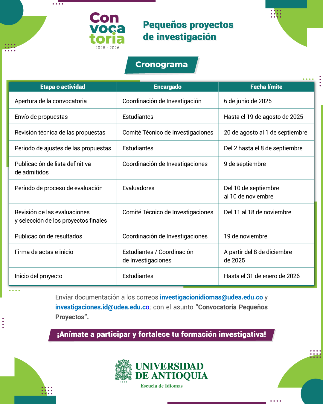 Calendario Convocatoria Pequeños Proyectos de Investigación
