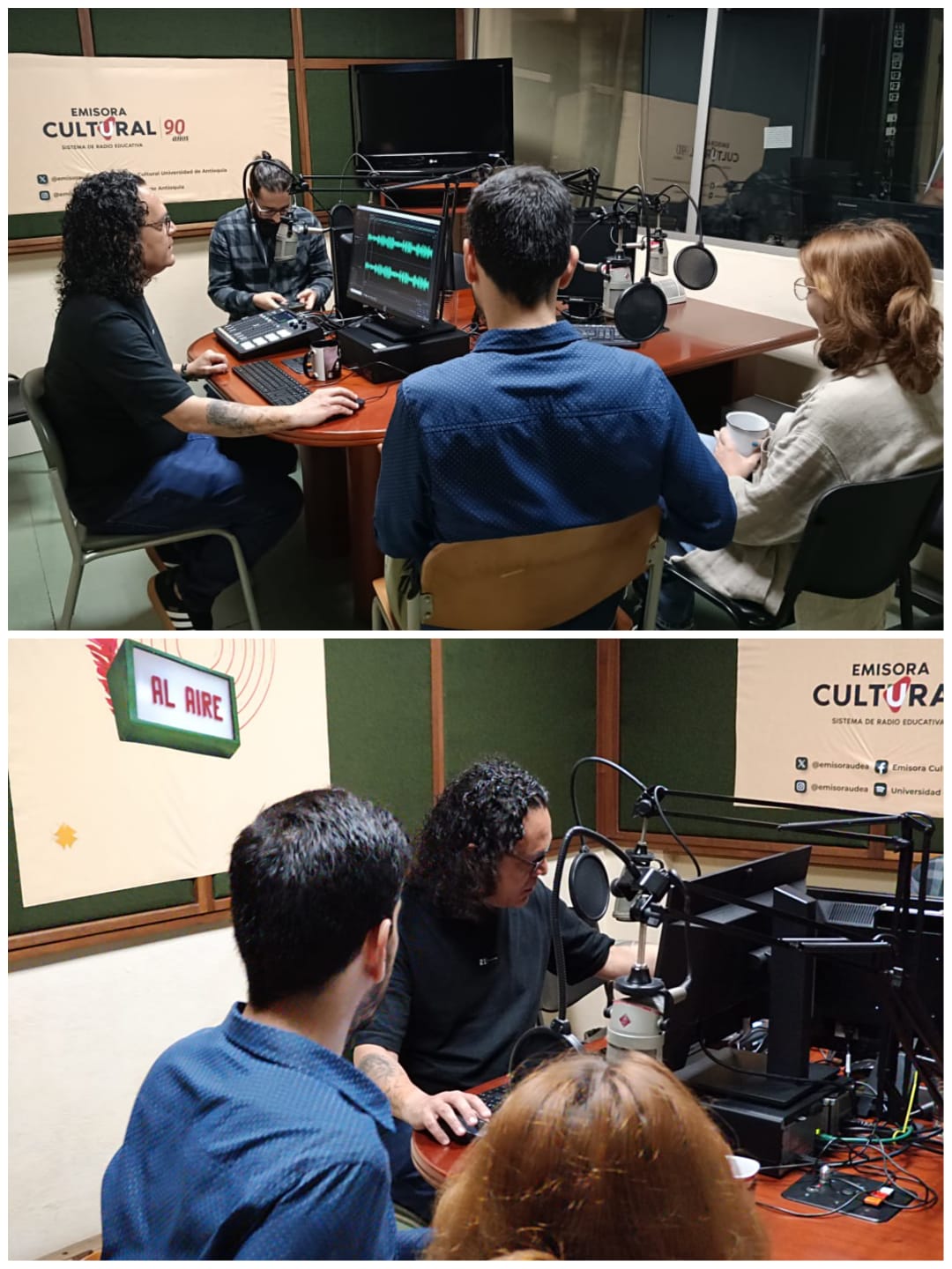 Imagen de cuatro personas conversando en una cabina de radio