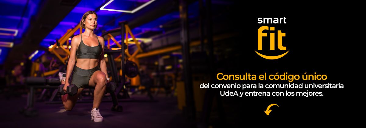 Sobre fondo negro, una mujer deportista se ejercita en el gimnasio. Consulta el código único del convenio para la comunidad universitaria UdeA y entrena con los mejores.