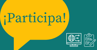 Sobre un fondo verde, un globo de texto amarillo con la palabra "Participa"
