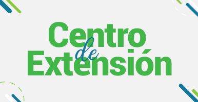 Imagen en fondo blanco, en las cuatro esquinas hay franjas verdes y azules. En el centro el distintivo del Centro de Extensión de la Escuela de Idiomas. 