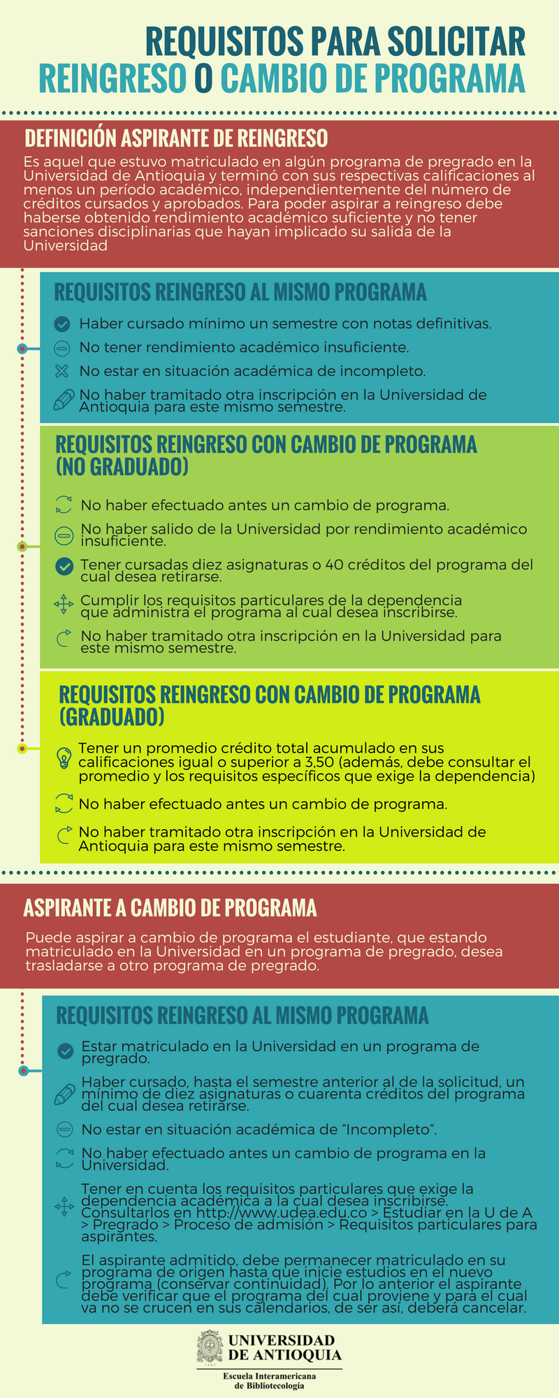 Imagen con información sobre los requisitos para solicitar reingreso o cambio de programa