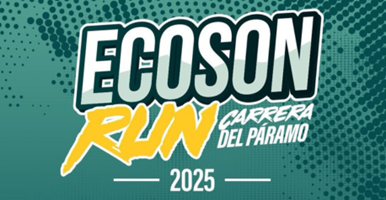 Composición gráfica con un fondo en trama verde y negra. En letras blancas y amarillas está el letrero "Ecoson Run Carrera del Páramo 2025"