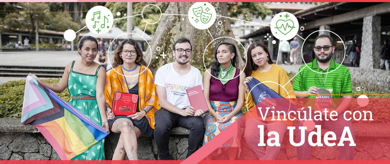 Seis personas sentadas en jardinera del Campus Ciudad Universitaria, portan elementos como: bandera LGBTIQ+, libros, pañoletas verde y morada. En la esquina inferior derecha, se lee Vincúlate con la UdeA. Seis personas sentadas en jardinera del Campus Ciudad Universitaria, portan elementos como: bandera LGBTIQ+, libros, pañoletas verde y morada. En la esquina inferior derecha, se lee Vincúlate con la UdeA.