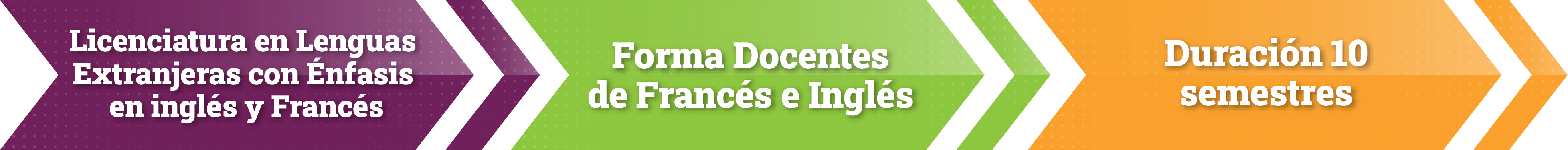 Encabezado con texto:Licenciatura en Lenguas Extranjeras con Énfasis en inglés y francés > Forma docentes de francés e inglés > Duración 10 semestres