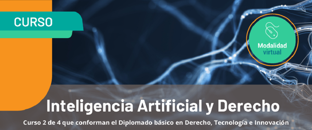 Banner del curso inteligencia artificial y derecho. Tiene de fondo unas ondas digitales. dice curso 2 de 4 que conforman el diplomado de DTI