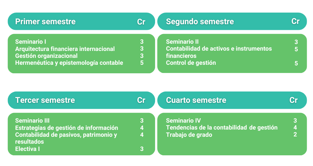 Programa especializado que profundiza en contabilidad financiera y de gestión, cubriendo temas como arquitectura financiera internacional, control de gestión y tendencias contables, con oportunidades de elección de electivas y trabajo de grado.