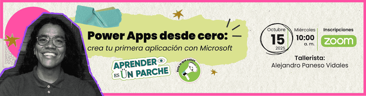 Invitación al taller aprender es un parche: power apps desde cero. Imagen de un joven que dictará la charla y fecha del taller. Invitación al taller aprender es un parche: power apps desde cero. Imagen de un joven que dictará la charla y fecha del taller.