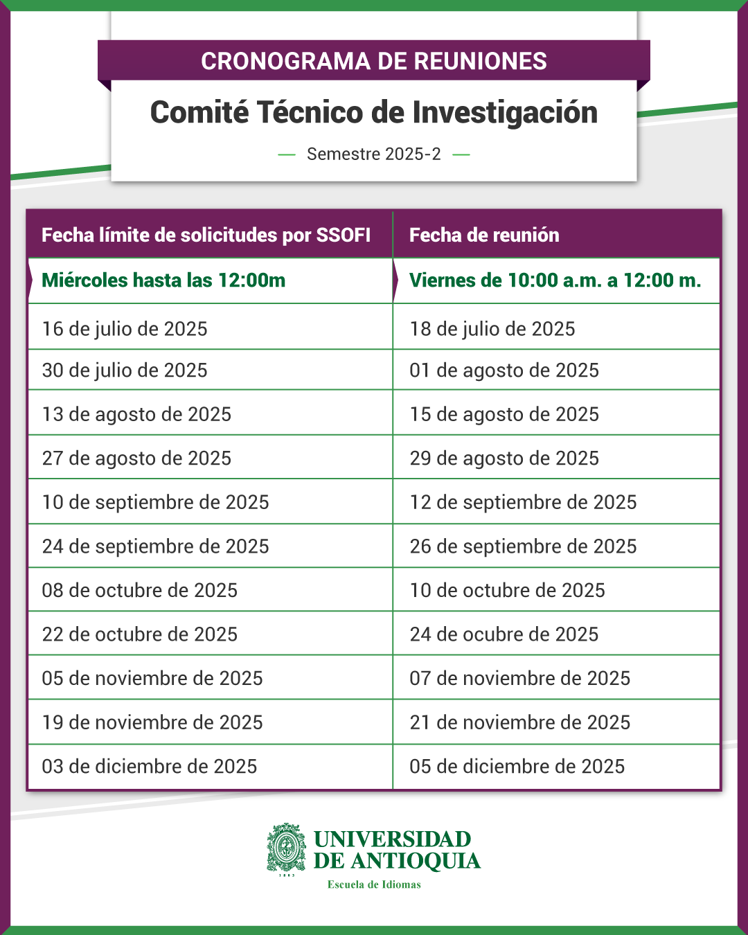 Cuadro con cronograma de reuniones del Comité técnico de Investigación 2025-2