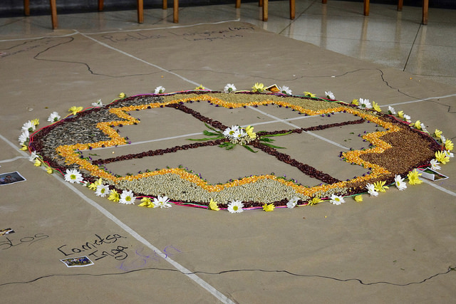 mandala en semillas sobre un mapa de Colombia