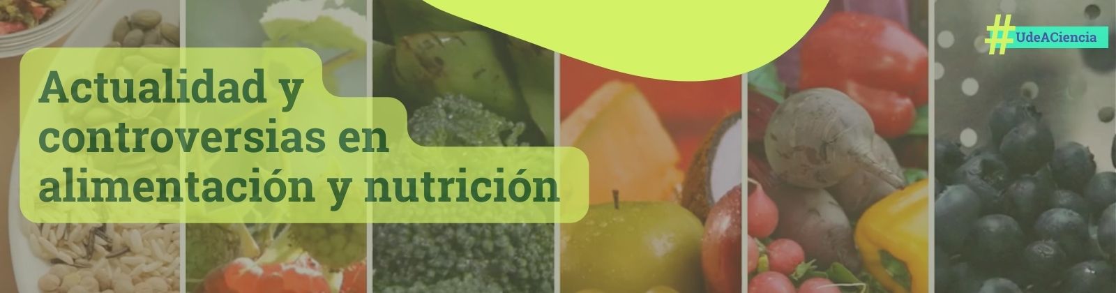 imágenes de alimentos sanos con un texto que dice Actualidad y controversias en alimentación y nutrición