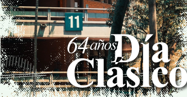 Fondo bloque de la Escuela de Idiomas en texto 64 años día clásico